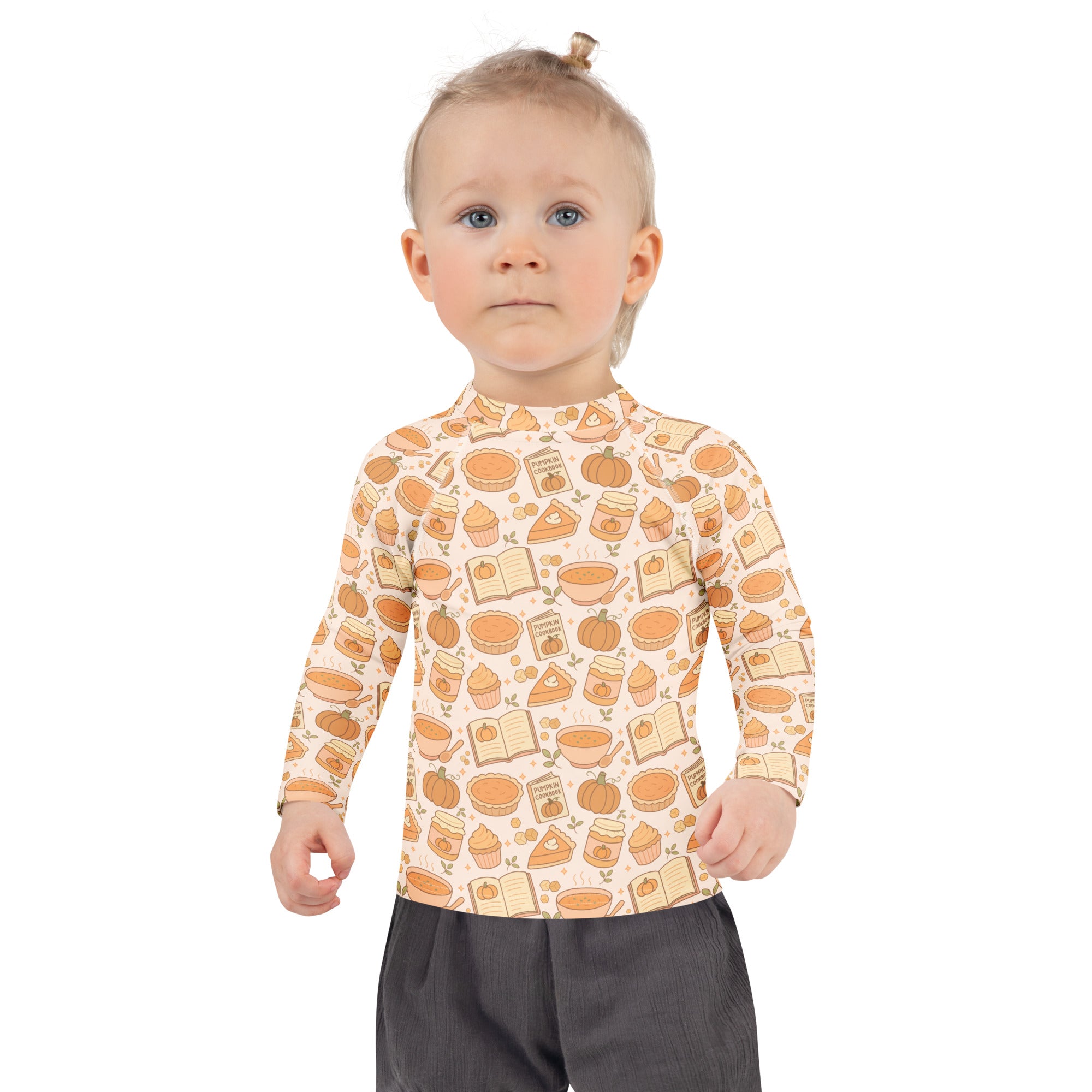 Kids Pumpkin Pie Themed Long Sleeve Rash Guard Swim Shirt – Buttery Soft, Sun Safe UPF 50+ Protection, Quick Dry & 4-Way Stretch Comfort