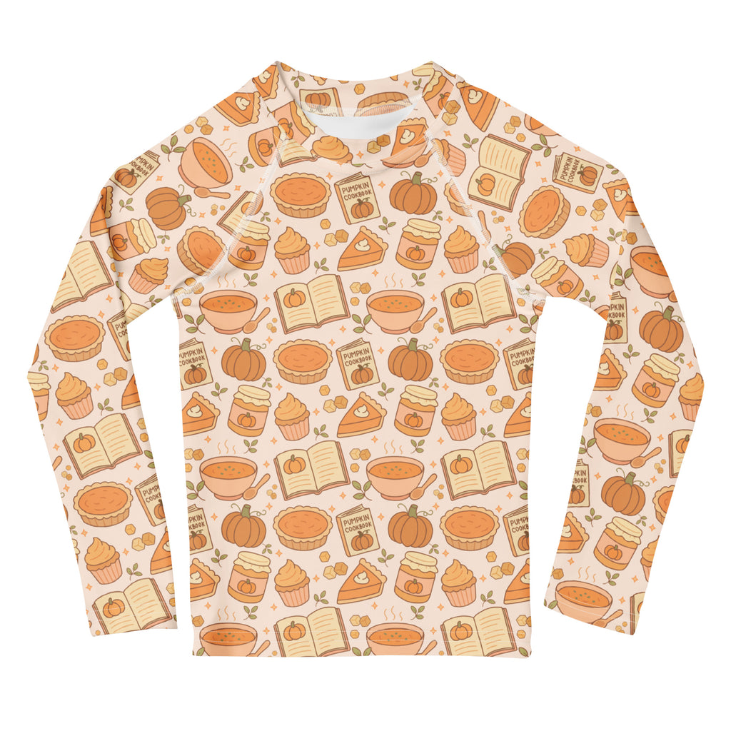 Kids Pumpkin Pie Themed Long Sleeve Rash Guard Swim Shirt – Buttery Soft, Sun Safe UPF 50+ Protection, Quick Dry & 4-Way Stretch Comfort