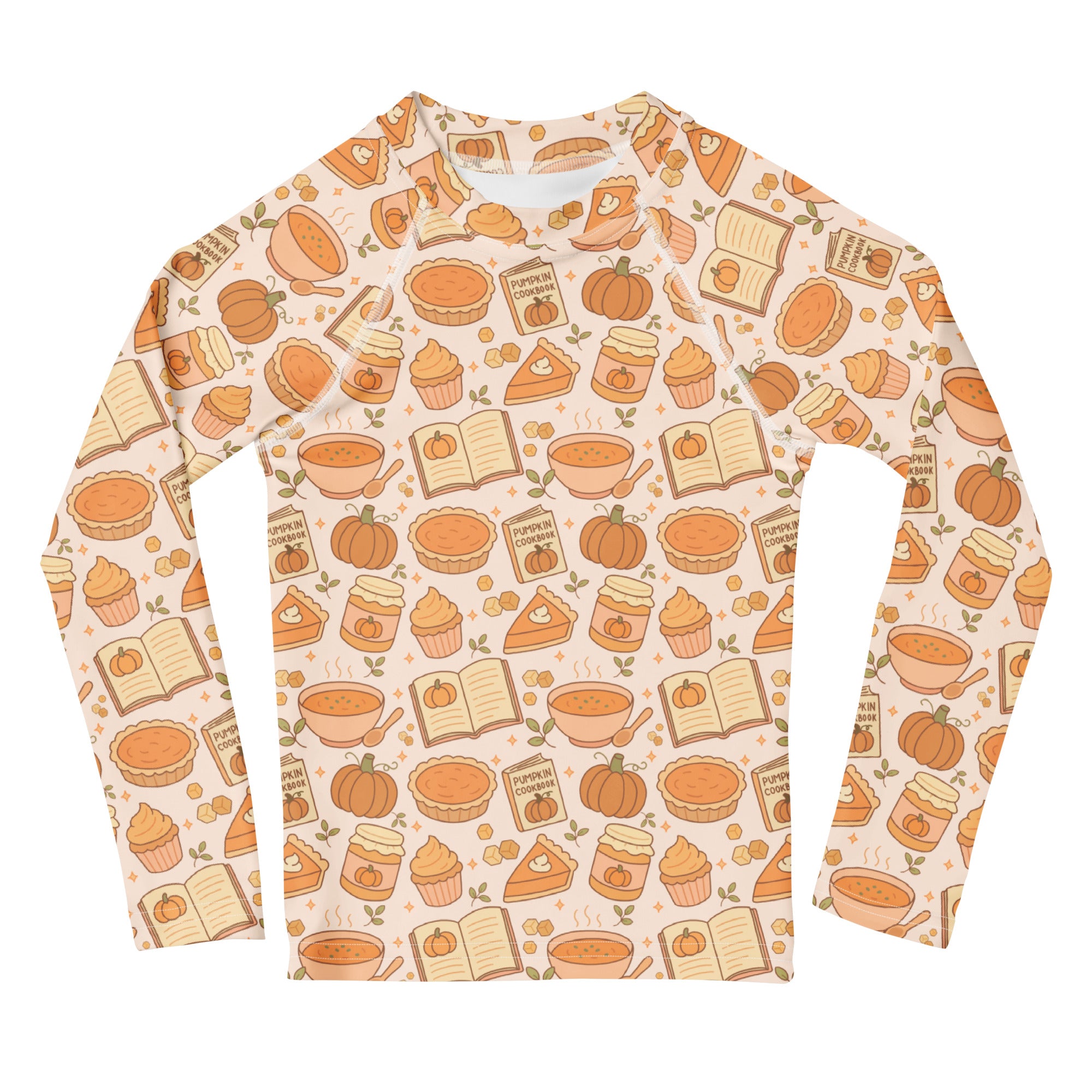 Kids Pumpkin Pie Themed Long Sleeve Rash Guard Swim Shirt – Buttery Soft, Sun Safe UPF 50+ Protection, Quick Dry & 4-Way Stretch Comfort