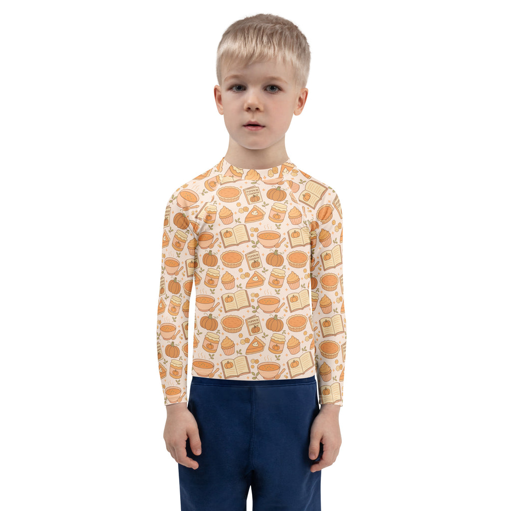 Kids Pumpkin Pie Themed Long Sleeve Rash Guard Swim Shirt – Buttery Soft, Sun Safe UPF 50+ Protection, Quick Dry & 4-Way Stretch Comfort