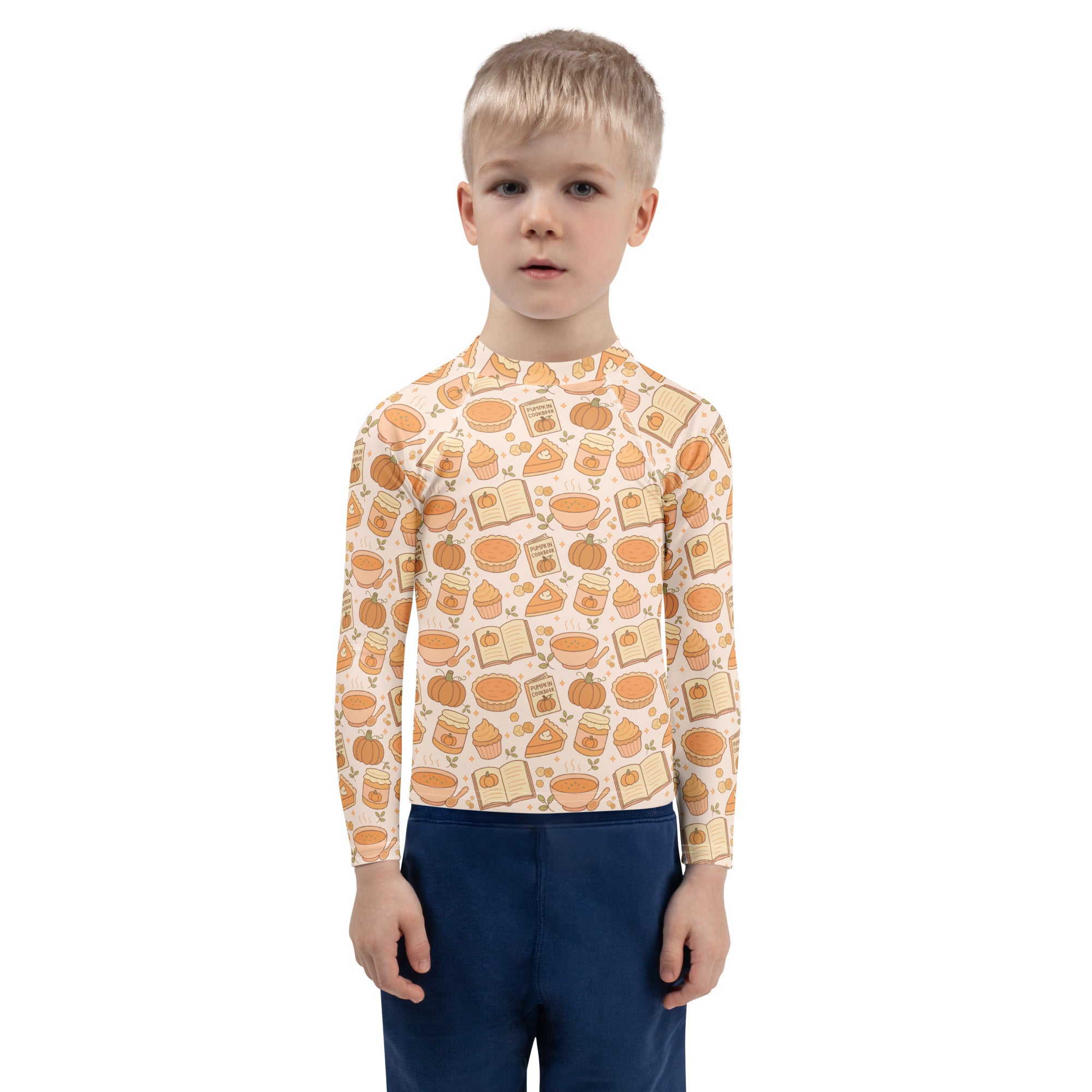 Kids Pumpkin Pie Themed Long Sleeve Rash Guard Swim Shirt – Buttery Soft, Sun Safe UPF 50+ Protection, Quick Dry & 4-Way Stretch Comfort