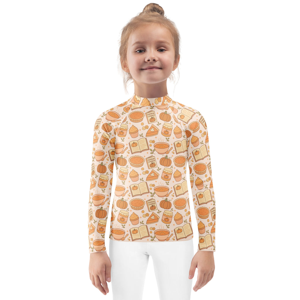 Kids Pumpkin Pie Themed Long Sleeve Rash Guard Swim Shirt – Buttery Soft, Sun Safe UPF 50+ Protection, Quick Dry & 4-Way Stretch Comfort
