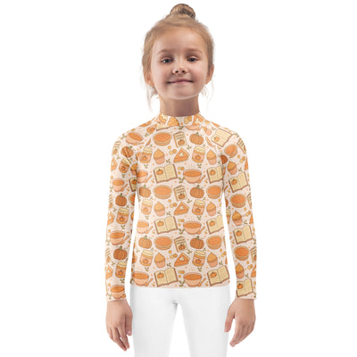 Kids Pumpkin Pie Themed Long Sleeve Rash Guard Swim Shirt – Buttery Soft, Sun Safe UPF 50+ Protection, Quick Dry & 4-Way Stretch Comfort