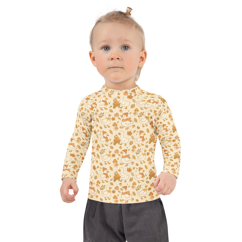 Kids Autumn Ducks Long Sleeve Rash Guard Swim Shirt – Buttery Soft, Sun Safe UPF 50+ Protection, Quick Dry & 4-Way Stretch Comfort
