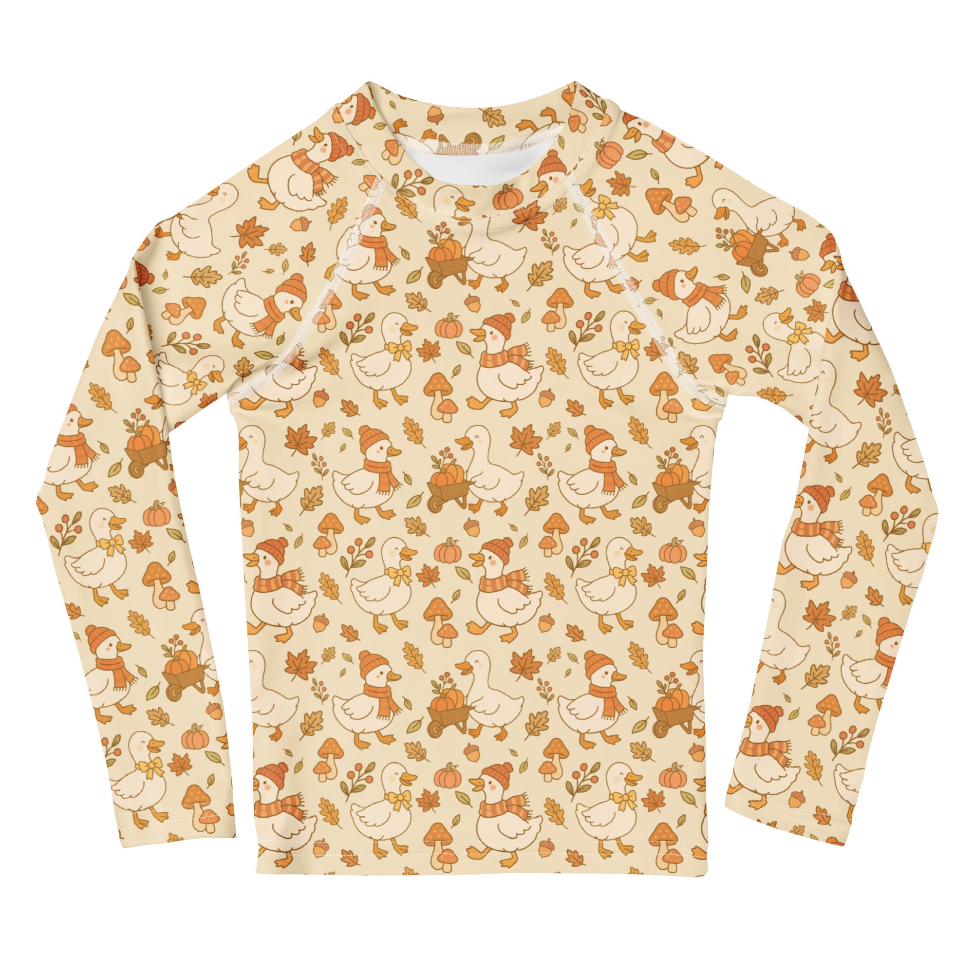 Kids Autumn Ducks Long Sleeve Rash Guard Swim Shirt – Buttery Soft, Sun Safe UPF 50+ Protection, Quick Dry & 4-Way Stretch Comfort