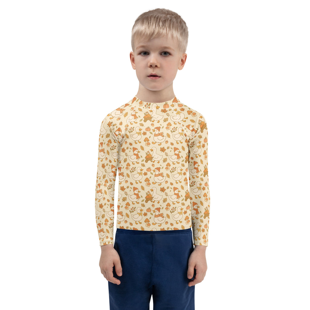 Kids Autumn Ducks Long Sleeve Rash Guard Swim Shirt – Buttery Soft, Sun Safe UPF 50+ Protection, Quick Dry & 4-Way Stretch Comfort