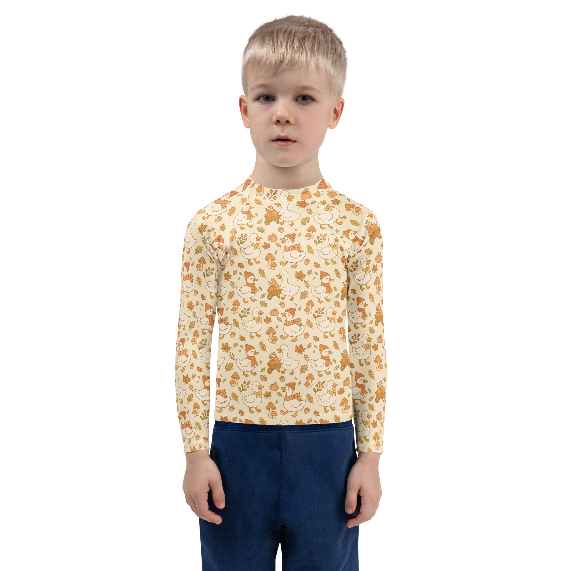 Kids Autumn Ducks Long Sleeve Rash Guard Swim Shirt – Buttery Soft, Sun Safe UPF 50+ Protection, Quick Dry & 4-Way Stretch Comfort