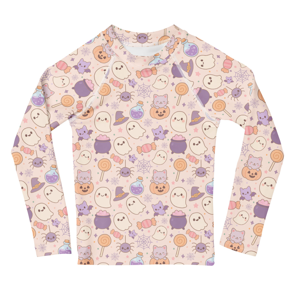 Girls Pastel Halloween Long Sleeve Rash Guard Swim Shirt – Buttery Soft, Sun Safe UPF 50+ Protection, Quick Dry & 4-Way Stretch Comfort
