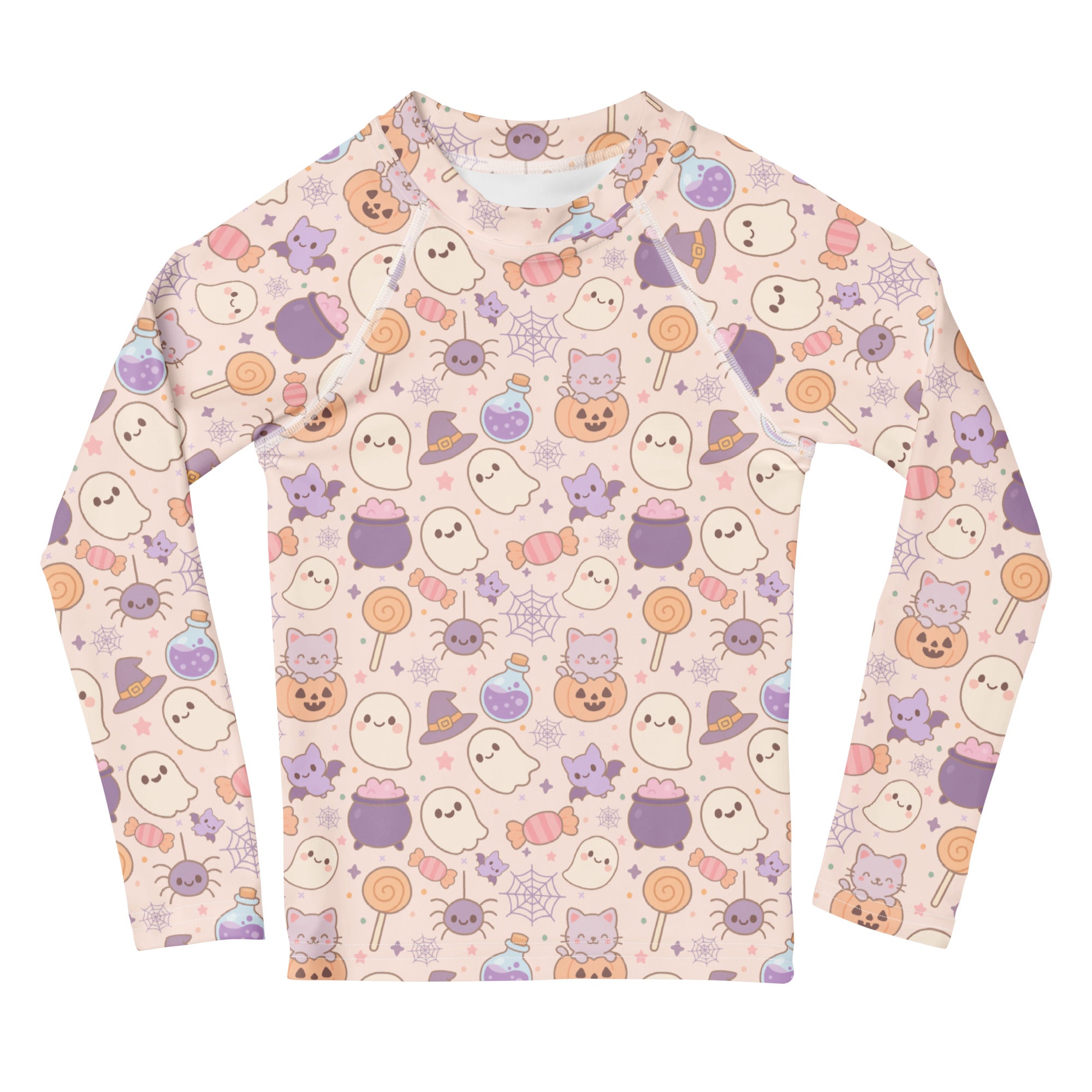 Girls Pastel Halloween Long Sleeve Rash Guard Swim Shirt – Buttery Soft, Sun Safe UPF 50+ Protection, Quick Dry & 4-Way Stretch Comfort