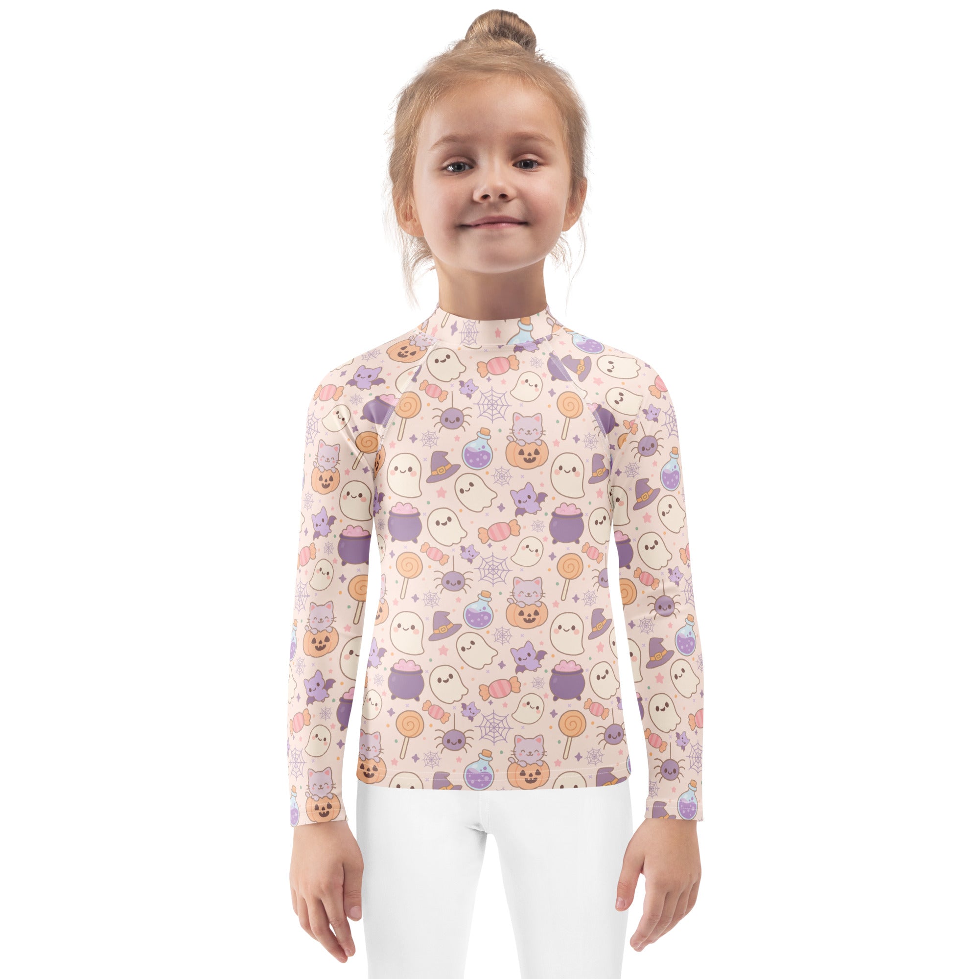 Girls Pastel Halloween Long Sleeve Rash Guard Swim Shirt – Buttery Soft, Sun Safe UPF 50+ Protection, Quick Dry & 4-Way Stretch Comfort