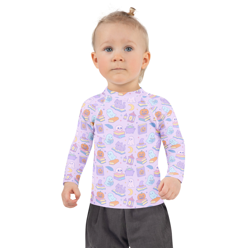Girls Kawaii Halloween Book Lover Long Sleeve Rash Guard Swim Shirt – Buttery Soft, Sun Safe UPF 50+ Protection, Quick Dry & 4-Way Stretch Comfort