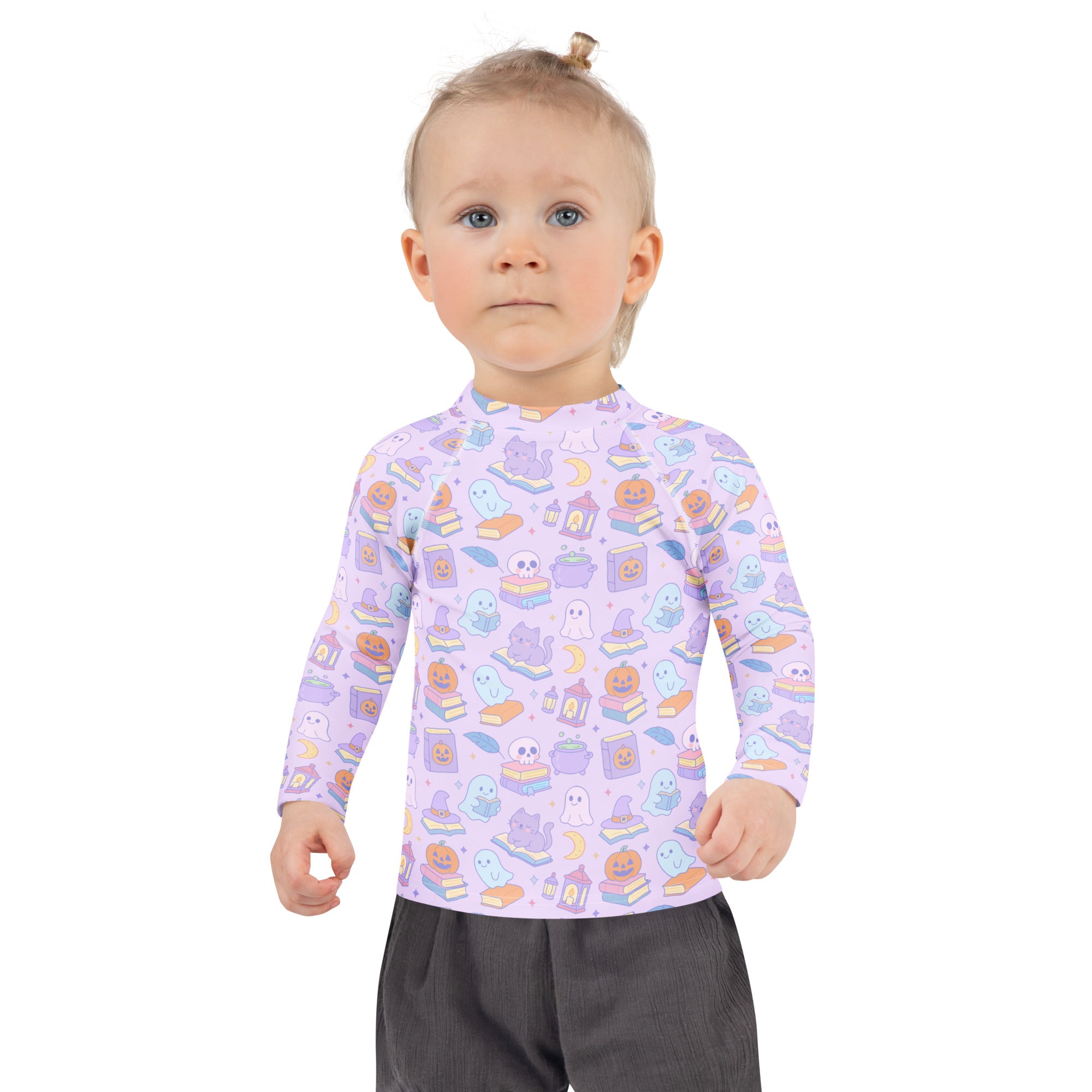 Girls Kawaii Halloween Book Lover Long Sleeve Rash Guard Swim Shirt – Buttery Soft, Sun Safe UPF 50+ Protection, Quick Dry & 4-Way Stretch Comfort