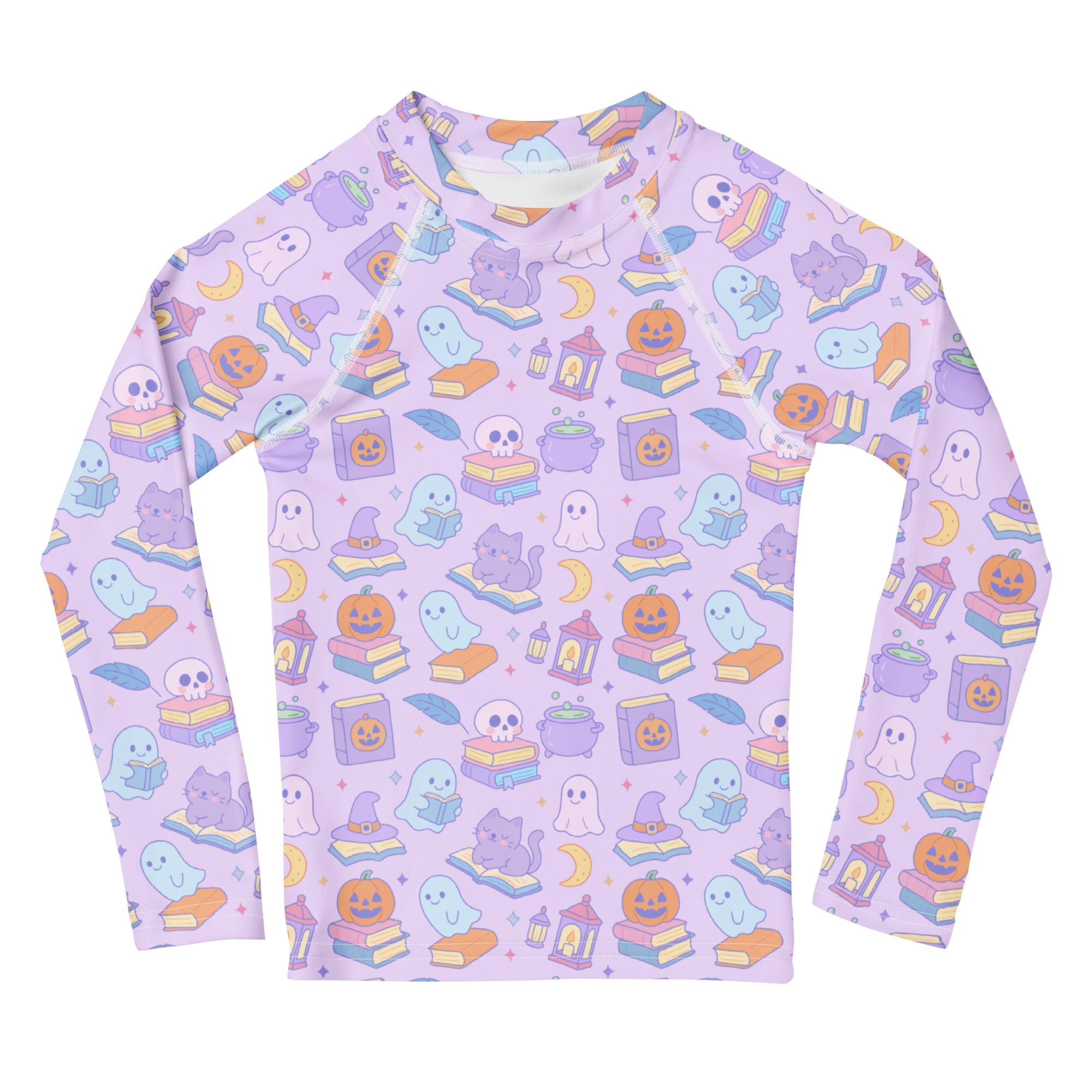 Girls Kawaii Halloween Book Lover Long Sleeve Rash Guard Swim Shirt – Buttery Soft, Sun Safe UPF 50+ Protection, Quick Dry & 4-Way Stretch Comfort