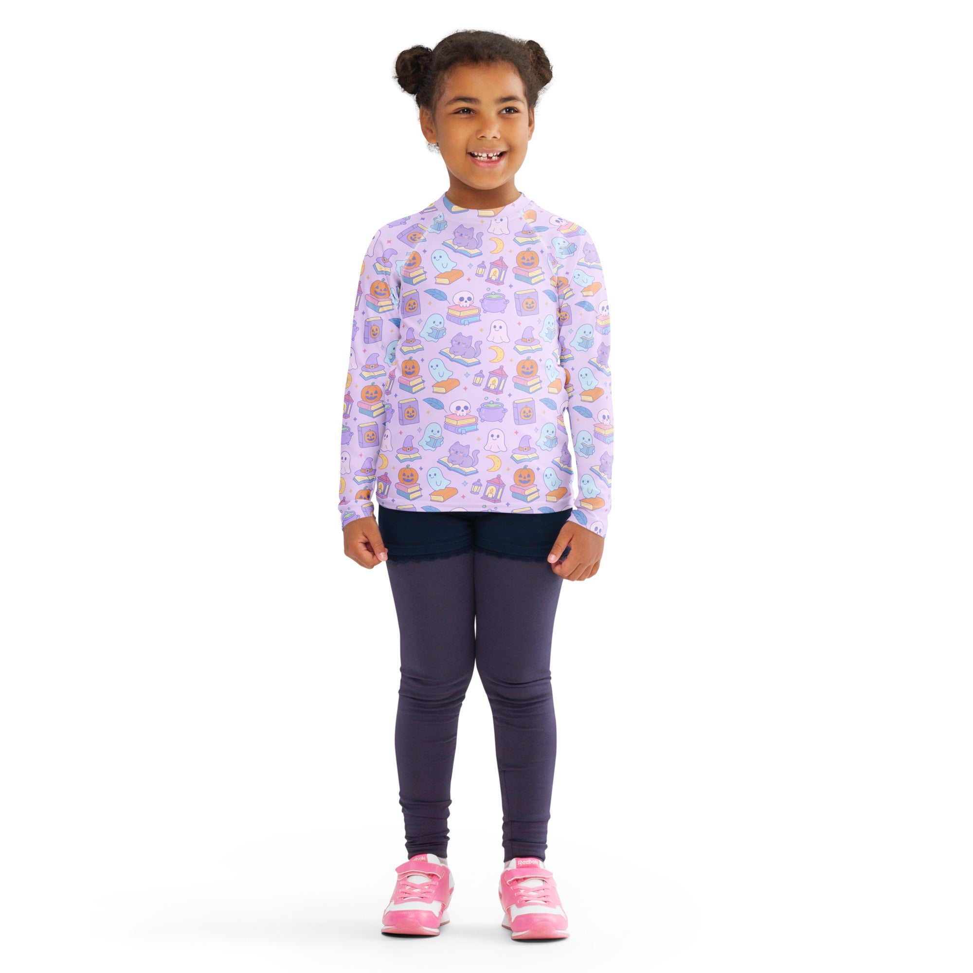 Girls Kawaii Halloween Book Lover Long Sleeve Rash Guard Swim Shirt – Buttery Soft, Sun Safe UPF 50+ Protection, Quick Dry & 4-Way Stretch Comfort