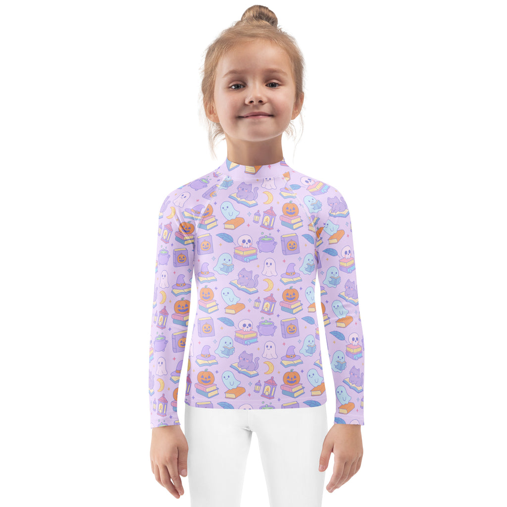 Girls Kawaii Halloween Book Lover Long Sleeve Rash Guard Swim Shirt – Buttery Soft, Sun Safe UPF 50+ Protection, Quick Dry & 4-Way Stretch Comfort