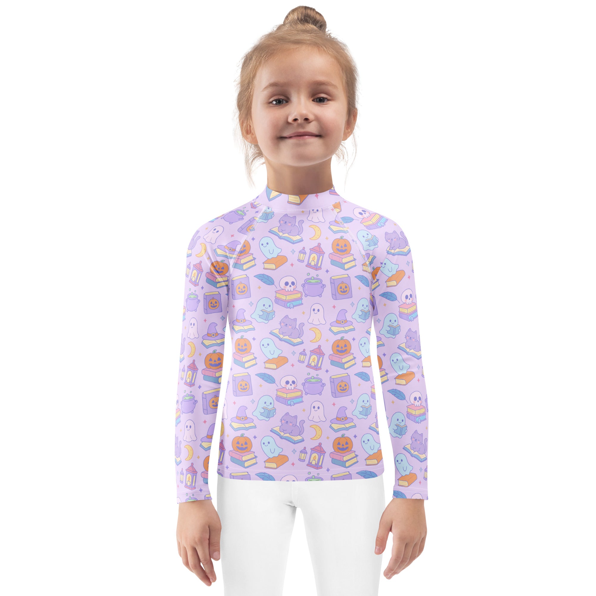 Girls Kawaii Halloween Book Lover Long Sleeve Rash Guard Swim Shirt – Buttery Soft, Sun Safe UPF 50+ Protection, Quick Dry & 4-Way Stretch Comfort