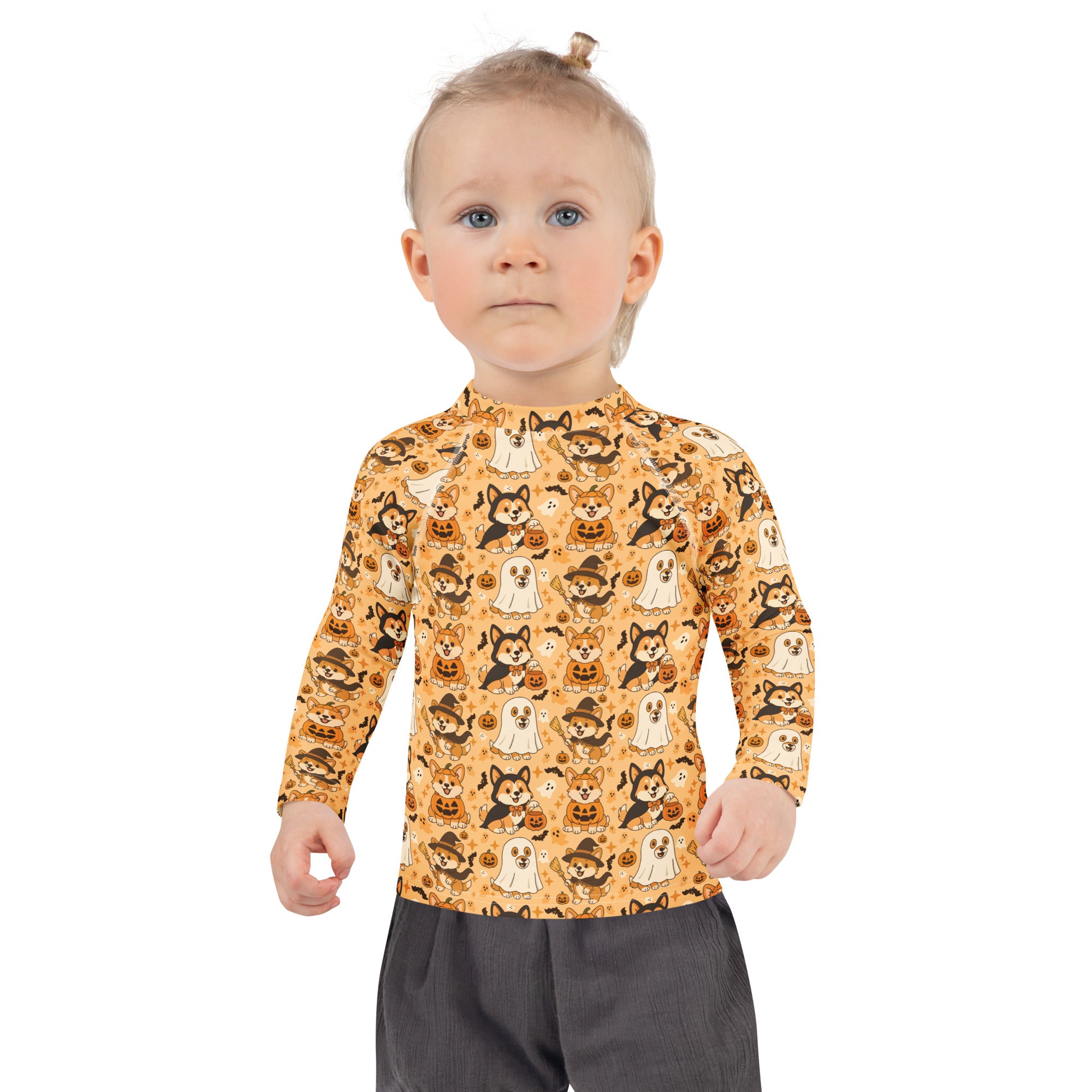 Kids Halloween Corgis Long Sleeve Rash Guard Swim Shirt – Buttery Soft, Sun Safe UPF 50+ Protection, Quick Dry & 4-Way Stretch Comfort