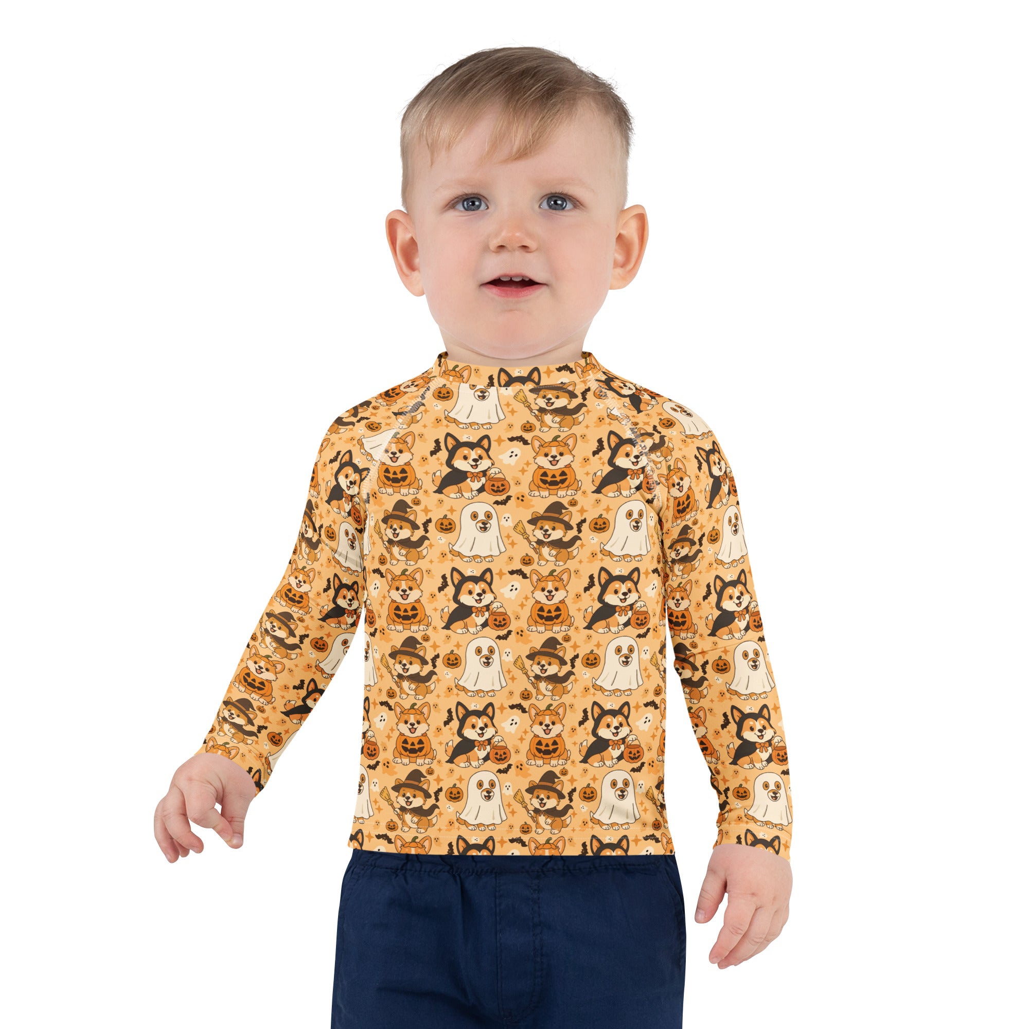 Kids Halloween Corgis Long Sleeve Rash Guard Swim Shirt – Buttery Soft, Sun Safe UPF 50+ Protection, Quick Dry & 4-Way Stretch Comfort