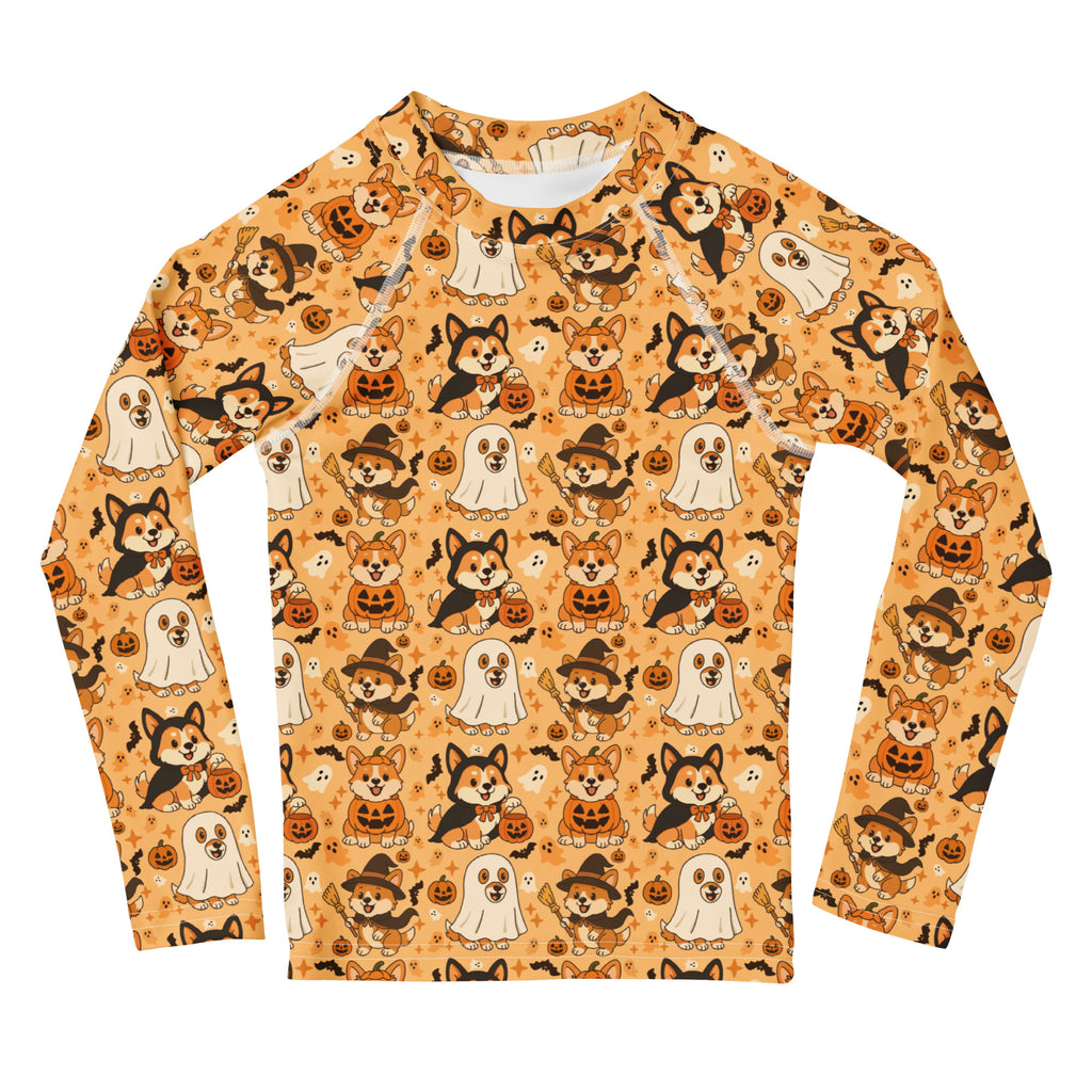 Kids Halloween Corgis Long Sleeve Rash Guard Swim Shirt – Buttery Soft, Sun Safe UPF 50+ Protection, Quick Dry & 4-Way Stretch Comfort
