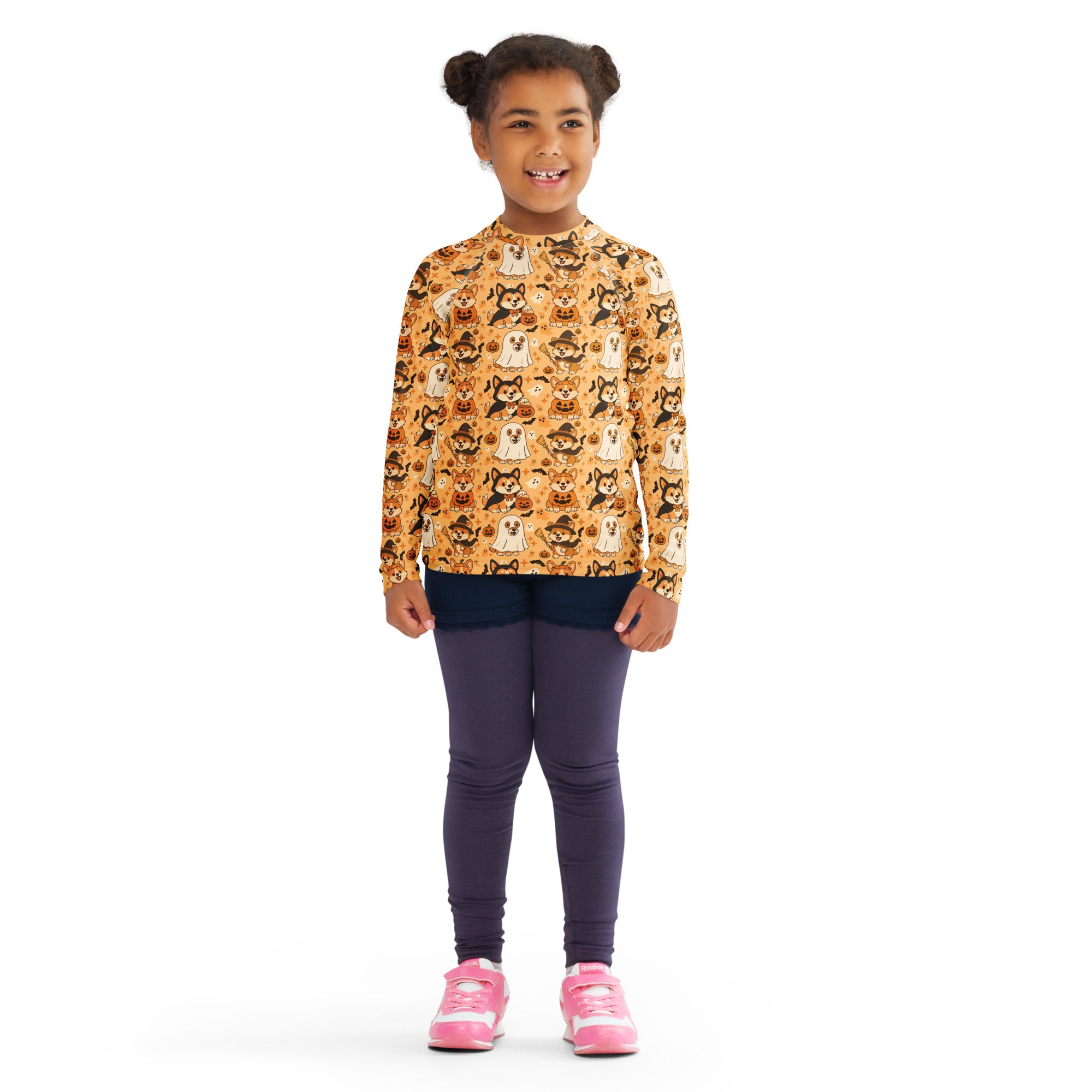 Kids Halloween Corgis Long Sleeve Rash Guard Swim Shirt – Buttery Soft, Sun Safe UPF 50+ Protection, Quick Dry & 4-Way Stretch Comfort