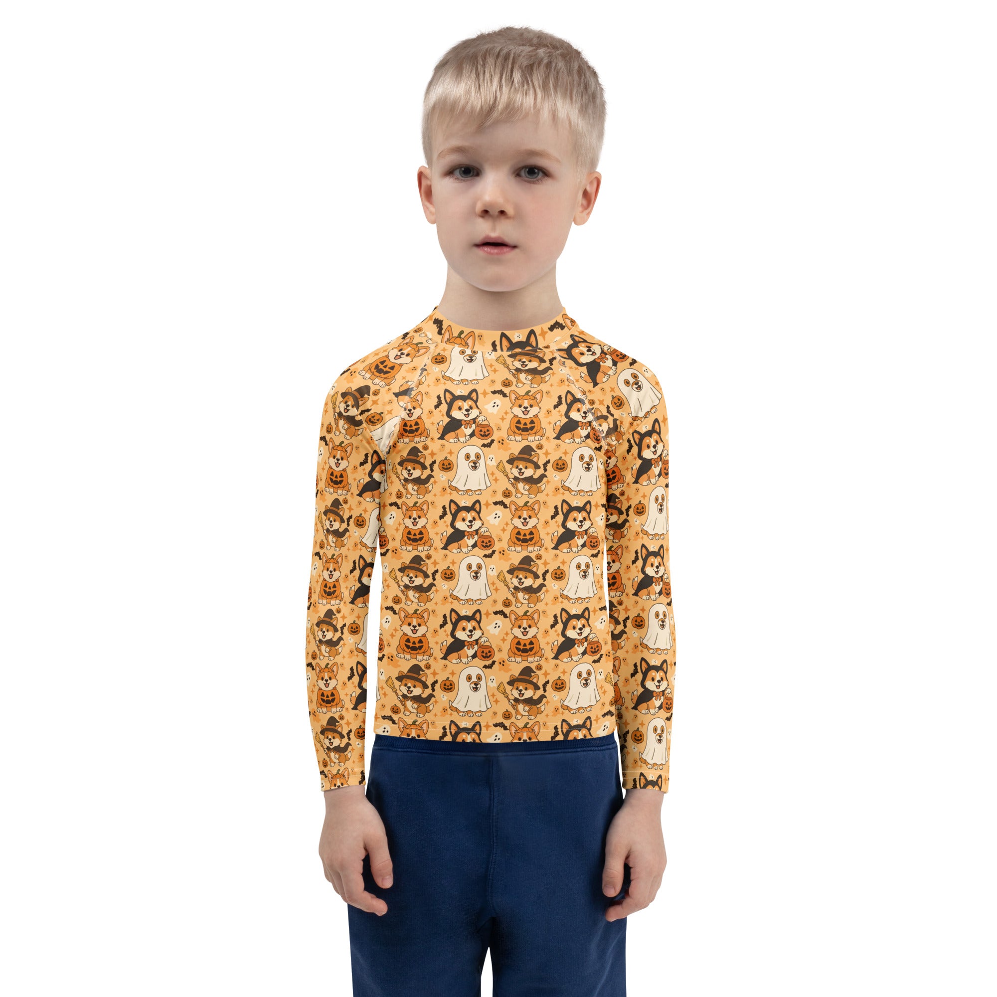 Kids Halloween Corgis Long Sleeve Rash Guard Swim Shirt – Buttery Soft, Sun Safe UPF 50+ Protection, Quick Dry & 4-Way Stretch Comfort