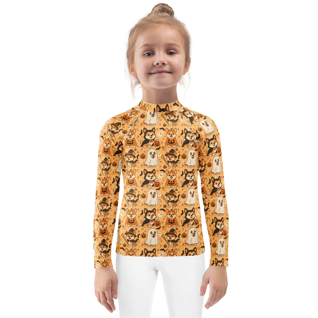 Kids Halloween Corgis Long Sleeve Rash Guard Swim Shirt – Buttery Soft, Sun Safe UPF 50+ Protection, Quick Dry & 4-Way Stretch Comfort