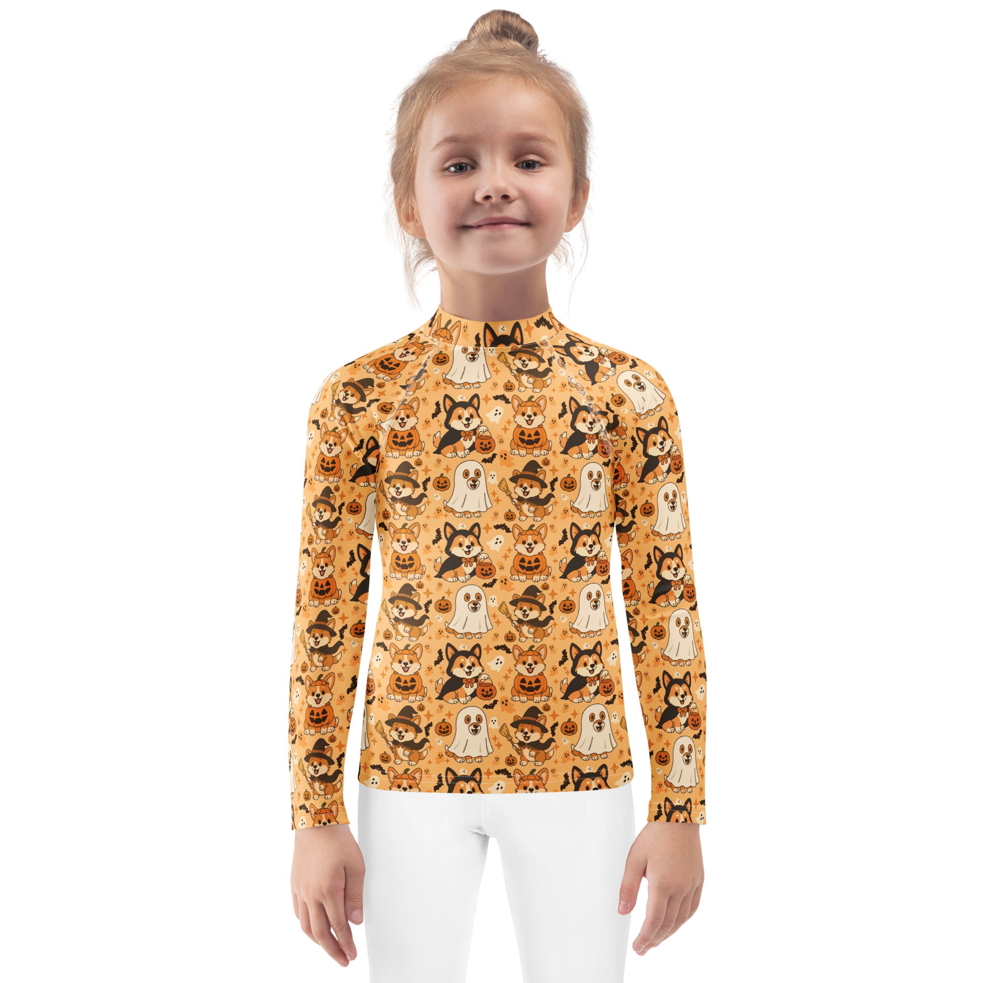 Kids Halloween Corgis Long Sleeve Rash Guard Swim Shirt – Buttery Soft, Sun Safe UPF 50+ Protection, Quick Dry & 4-Way Stretch Comfort