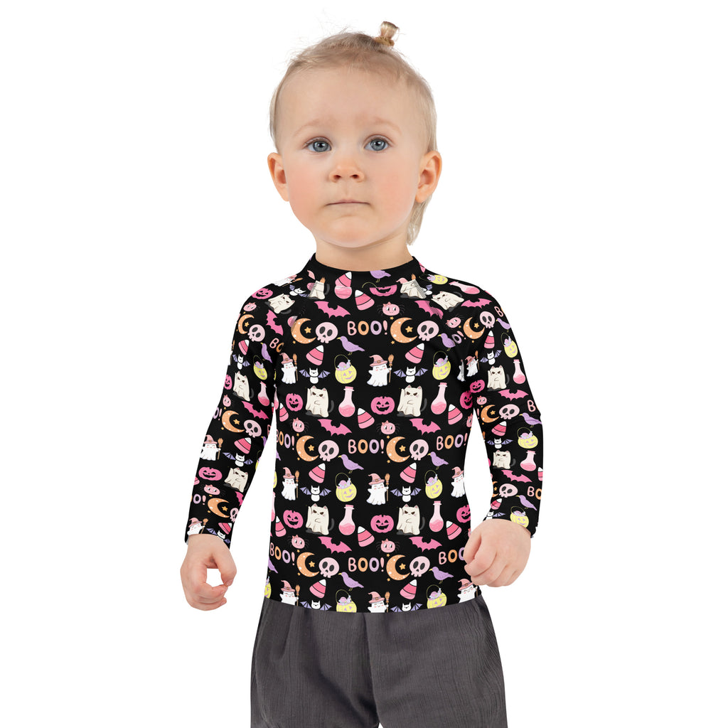 Girls Cute Pink Halloween Long Sleeve Rash Guard Swim Shirt – Buttery Soft, Sun Safe UPF 50+ Protection, Quick Dry & 4-Way Stretch Comfort