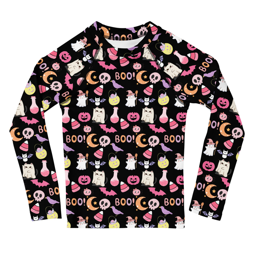 Girls Cute Pink Halloween Long Sleeve Rash Guard Swim Shirt – Buttery Soft, Sun Safe UPF 50+ Protection, Quick Dry & 4-Way Stretch Comfort