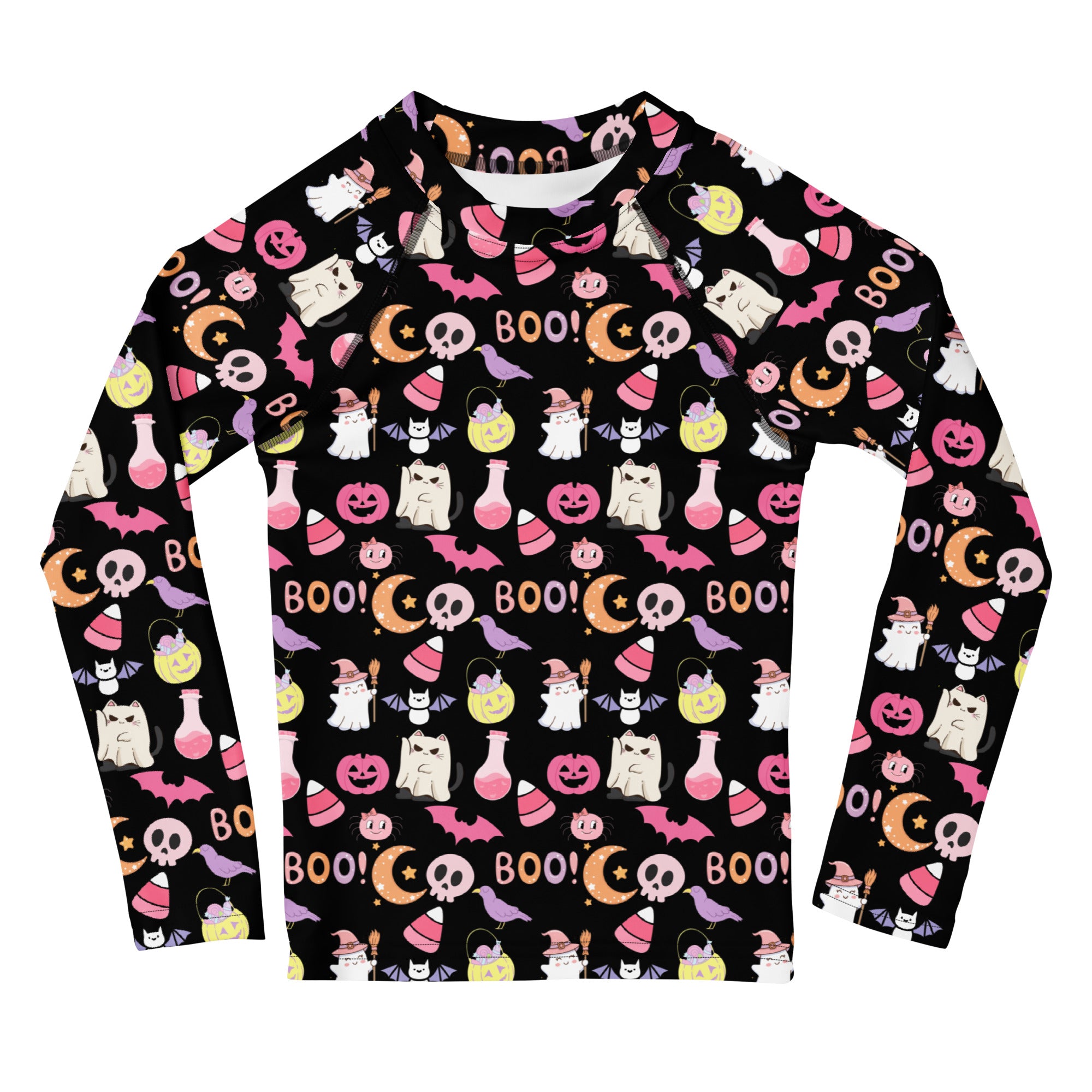Girls Cute Pink Halloween Long Sleeve Rash Guard Swim Shirt – Buttery Soft, Sun Safe UPF 50+ Protection, Quick Dry & 4-Way Stretch Comfort