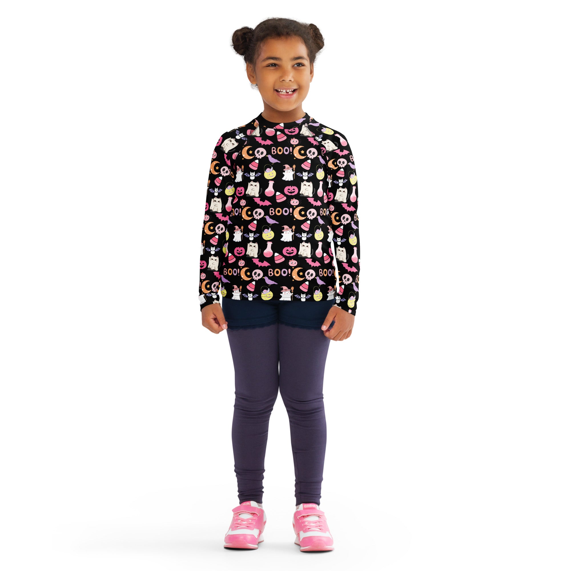 Girls Cute Pink Halloween Long Sleeve Rash Guard Swim Shirt – Buttery Soft, Sun Safe UPF 50+ Protection, Quick Dry & 4-Way Stretch Comfort