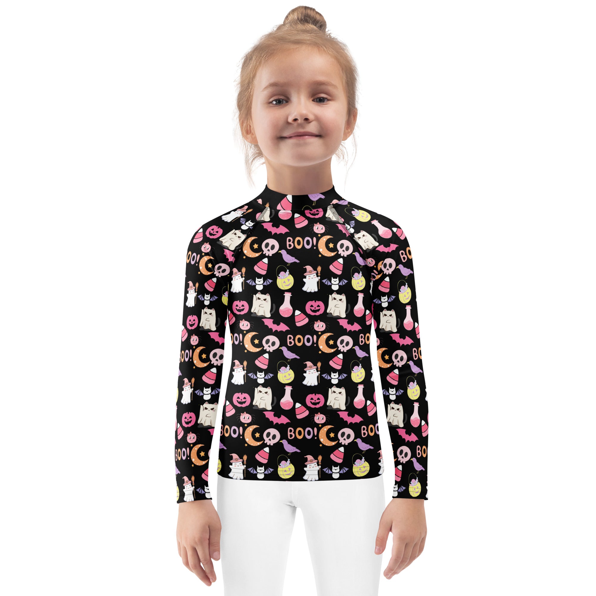 Girls Cute Pink Halloween Long Sleeve Rash Guard Swim Shirt – Buttery Soft, Sun Safe UPF 50+ Protection, Quick Dry & 4-Way Stretch Comfort