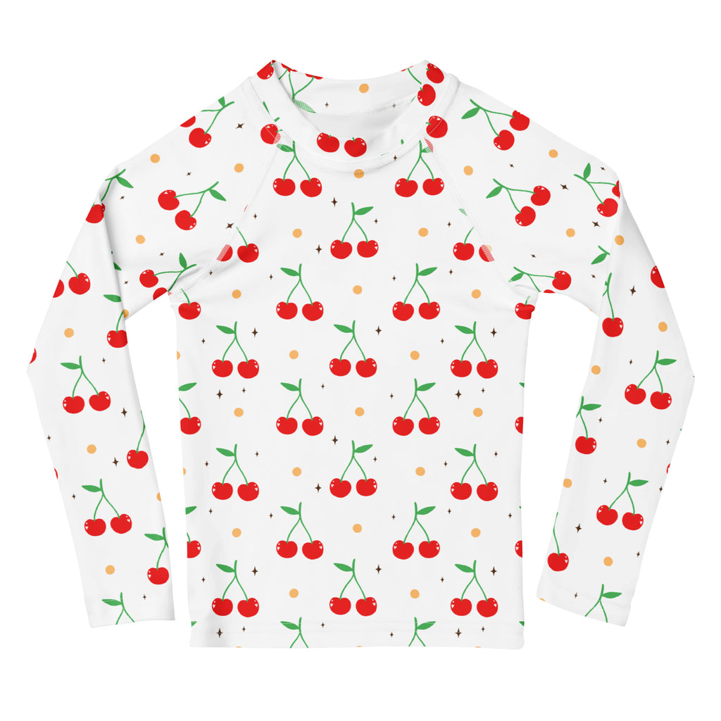 Kids Cute Cherry Long Sleeve Rash Guard Swim Shirt – Buttery Soft, Sun Safe UPF 50+ Protection, Quick Dry & 4-Way Stretch Comfort