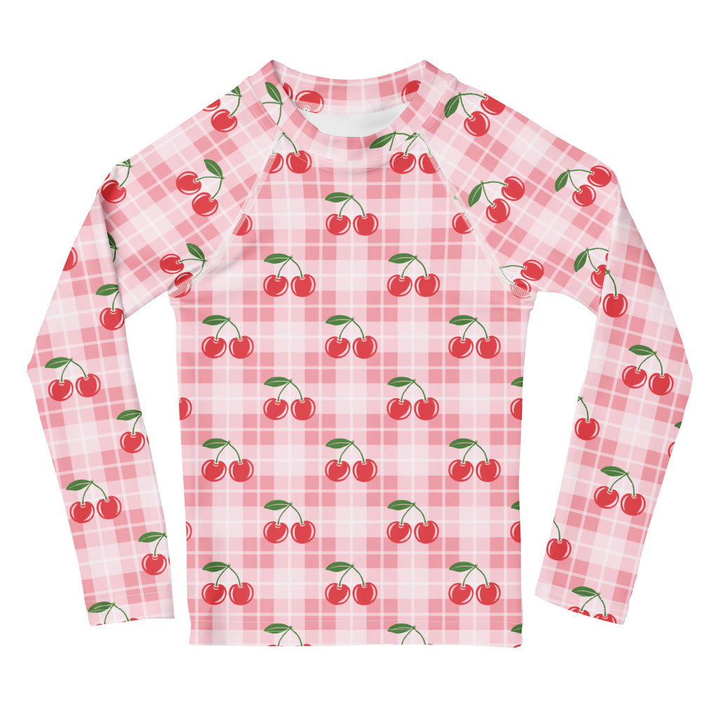 Girls Pink Plaid Cherry Long Sleeve Rash Guard Swim Shirt – Buttery Soft, Sun Safe UPF 50+ Protection, Quick Dry & 4-Way Stretch Comfort