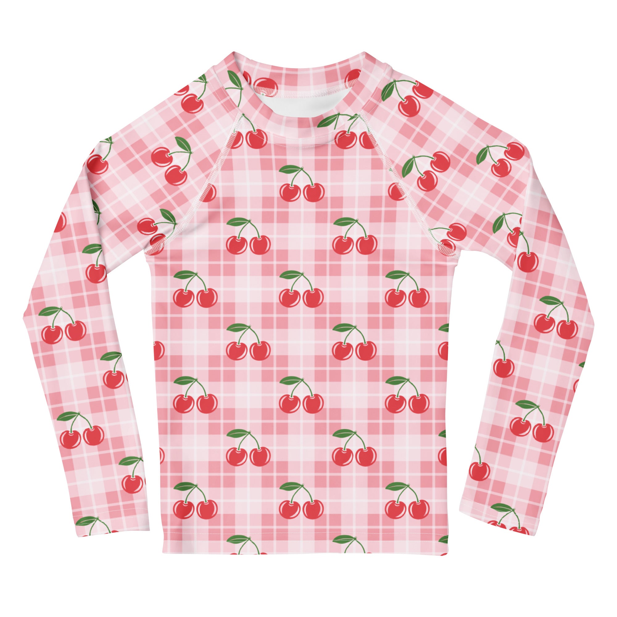 Girls Pink Plaid Cherry Long Sleeve Rash Guard Swim Shirt – Buttery Soft, Sun Safe UPF 50+ Protection, Quick Dry & 4-Way Stretch Comfort