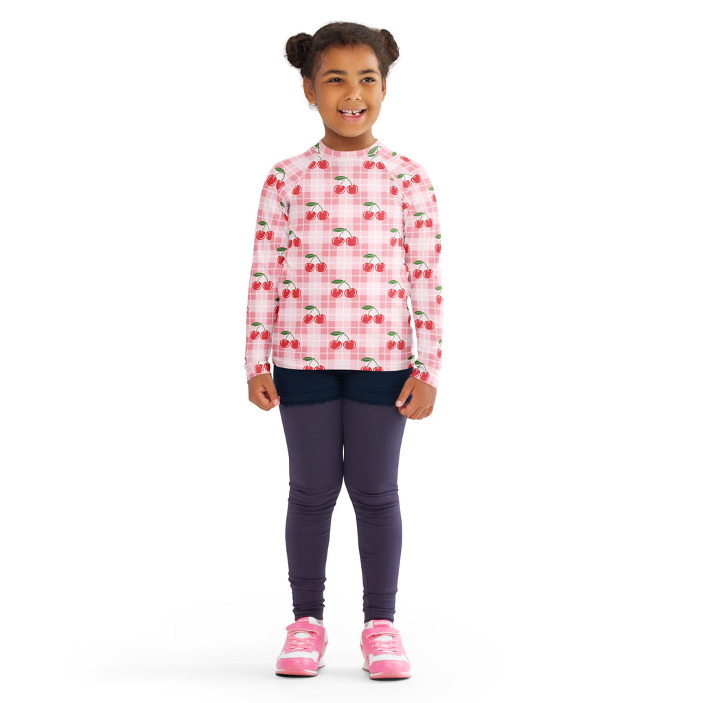Girls Pink Plaid Cherry Long Sleeve Rash Guard Swim Shirt – Buttery Soft, Sun Safe UPF 50+ Protection, Quick Dry & 4-Way Stretch Comfort