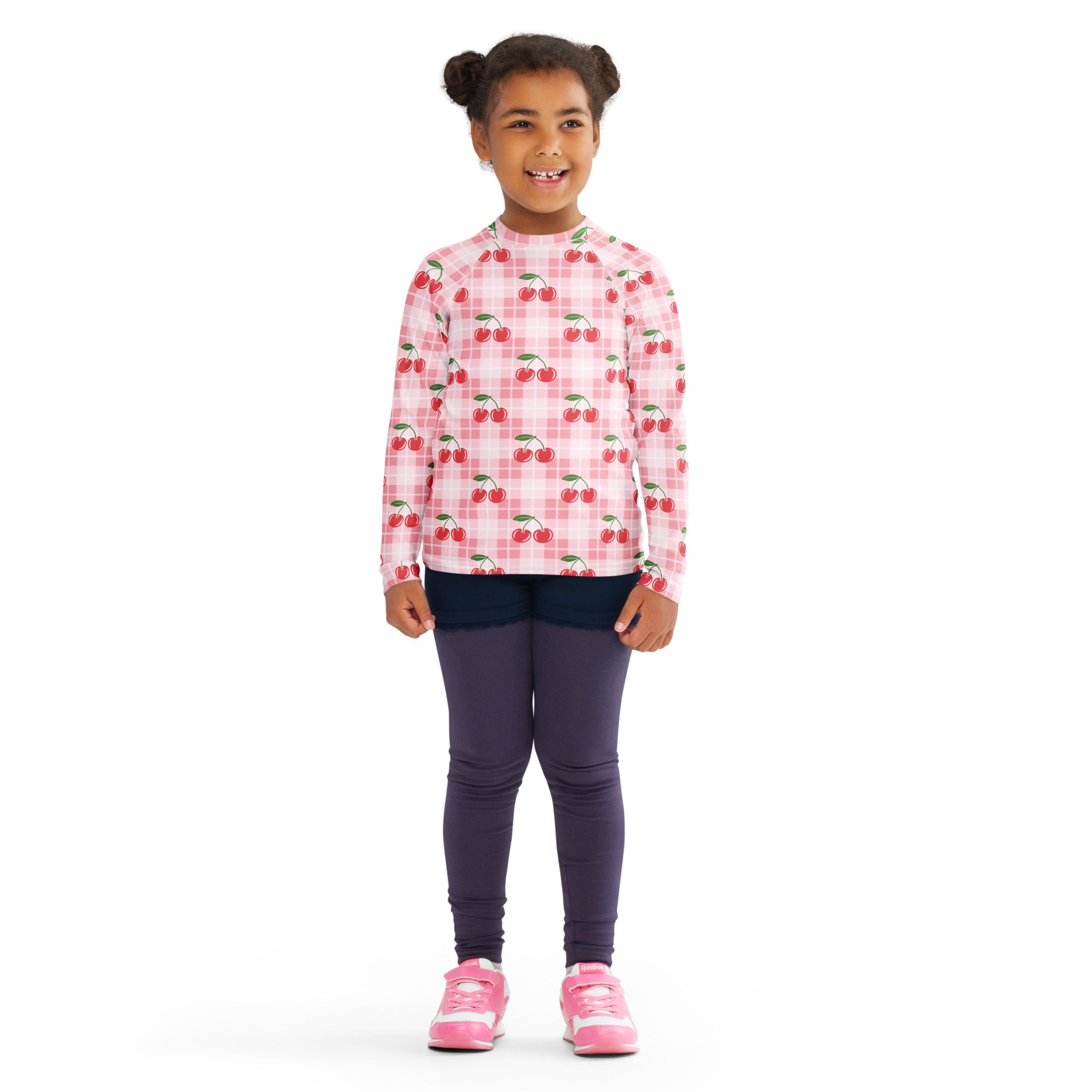 Girls Pink Plaid Cherry Long Sleeve Rash Guard Swim Shirt – Buttery Soft, Sun Safe UPF 50+ Protection, Quick Dry & 4-Way Stretch Comfort