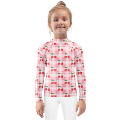 Girls Pink Plaid Cherry Long Sleeve Rash Guard Swim Shirt – Buttery Soft, Sun Safe UPF 50+ Protection, Quick Dry & 4-Way Stretch Comfort