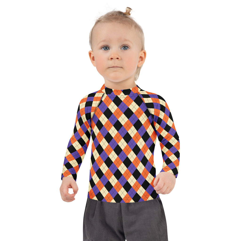 Kids Halloween Argyle Long Sleeve Rash Guard Swim Shirt – Buttery Soft, Sun Safe UPF 50+ Protection, Quick Dry & 4-Way Stretch Comfort