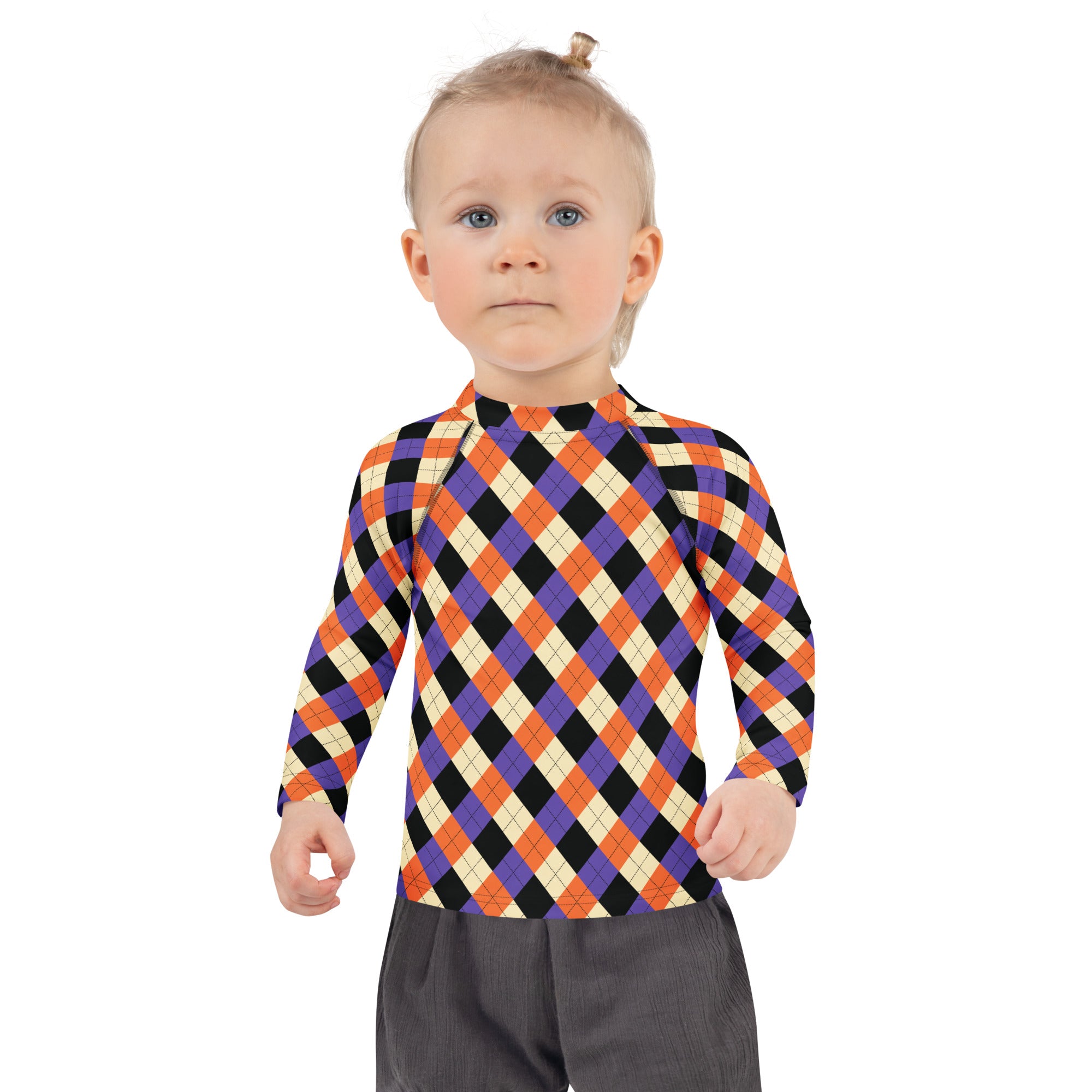 Kids Halloween Argyle Long Sleeve Rash Guard Swim Shirt – Buttery Soft, Sun Safe UPF 50+ Protection, Quick Dry & 4-Way Stretch Comfort