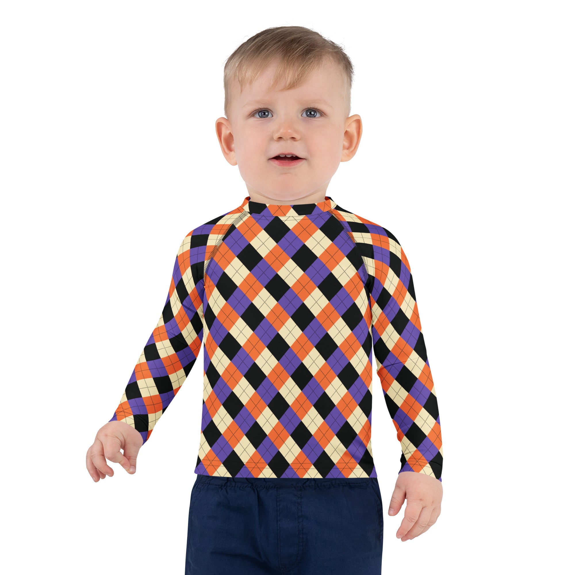 Kids Halloween Argyle Long Sleeve Rash Guard Swim Shirt – Buttery Soft, Sun Safe UPF 50+ Protection, Quick Dry & 4-Way Stretch Comfort