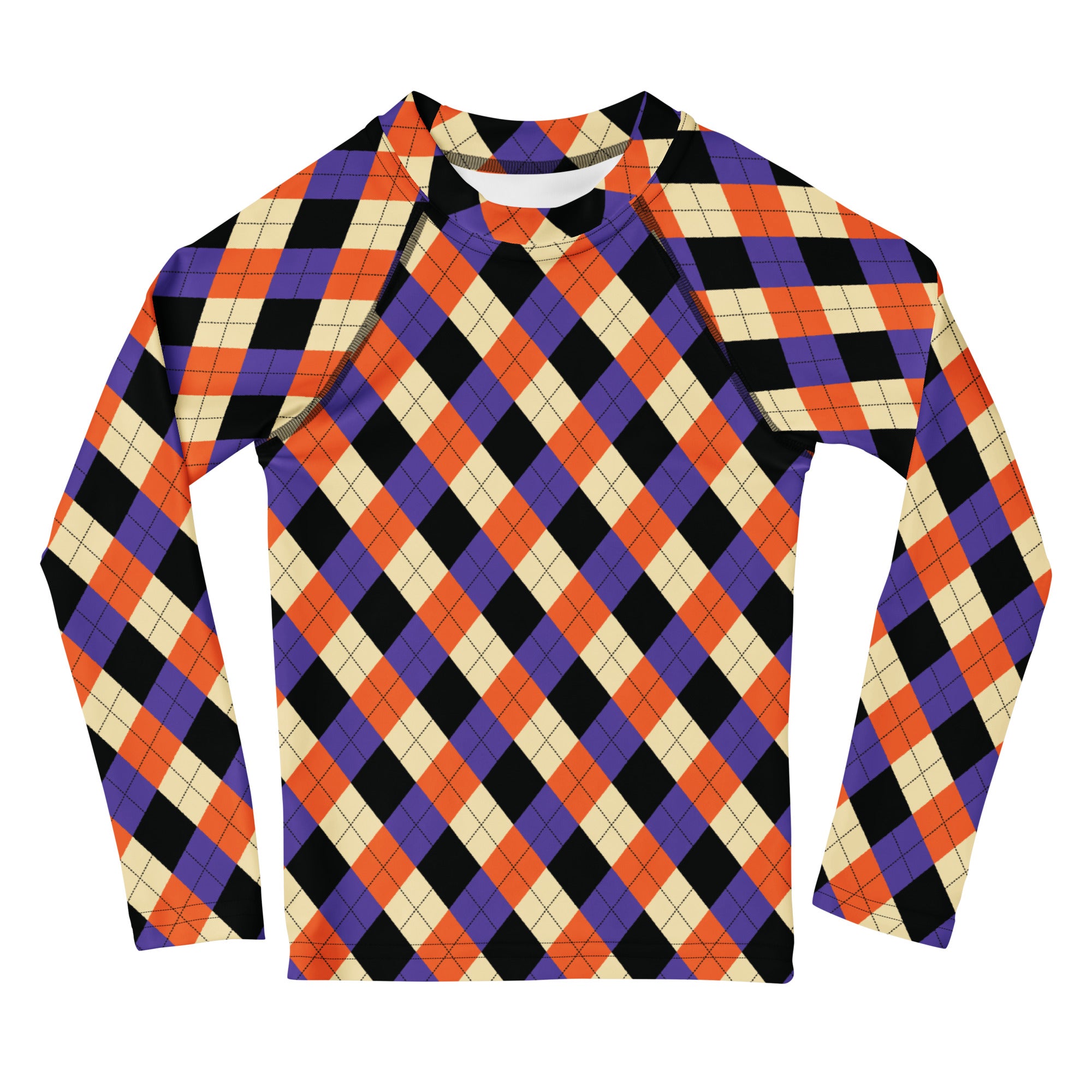 Kids Halloween Argyle Long Sleeve Rash Guard Swim Shirt – Buttery Soft, Sun Safe UPF 50+ Protection, Quick Dry & 4-Way Stretch Comfort