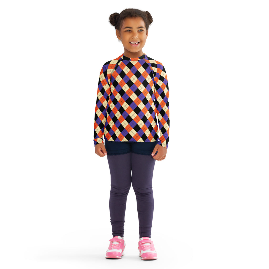 Kids Halloween Argyle Long Sleeve Rash Guard Swim Shirt – Buttery Soft, Sun Safe UPF 50+ Protection, Quick Dry & 4-Way Stretch Comfort
