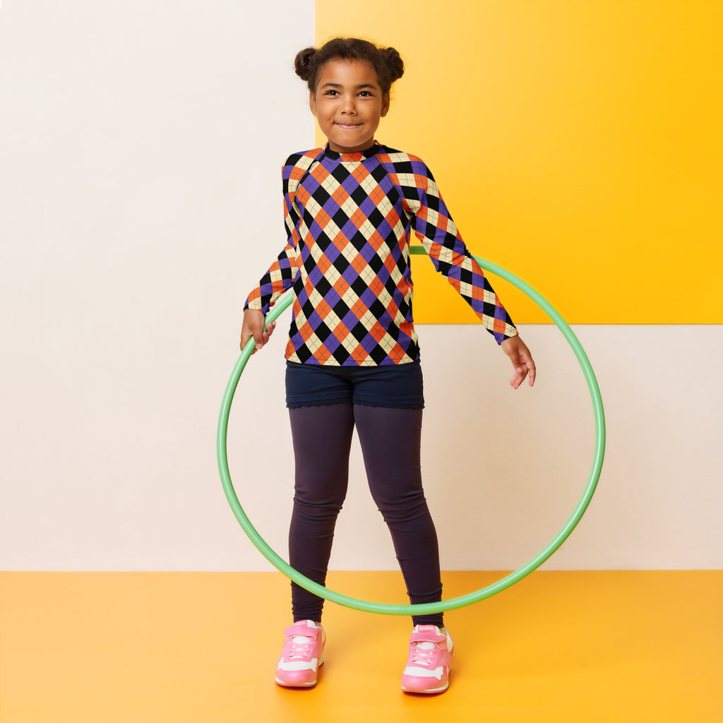 Kids Halloween Argyle Long Sleeve Rash Guard Swim Shirt – Buttery Soft, Sun Safe UPF 50+ Protection, Quick Dry & 4-Way Stretch Comfort