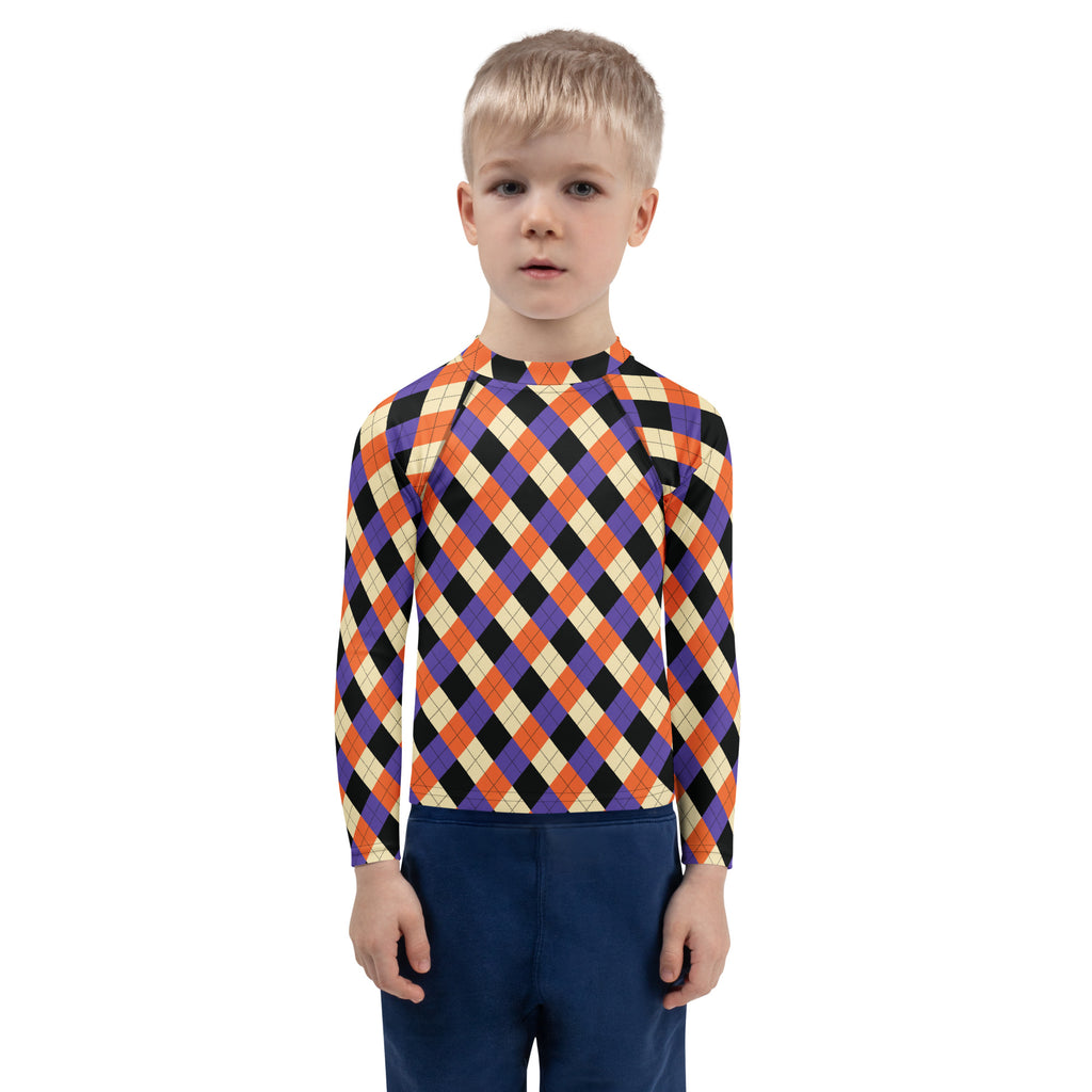 Kids Halloween Argyle Long Sleeve Rash Guard Swim Shirt – Buttery Soft, Sun Safe UPF 50+ Protection, Quick Dry & 4-Way Stretch Comfort
