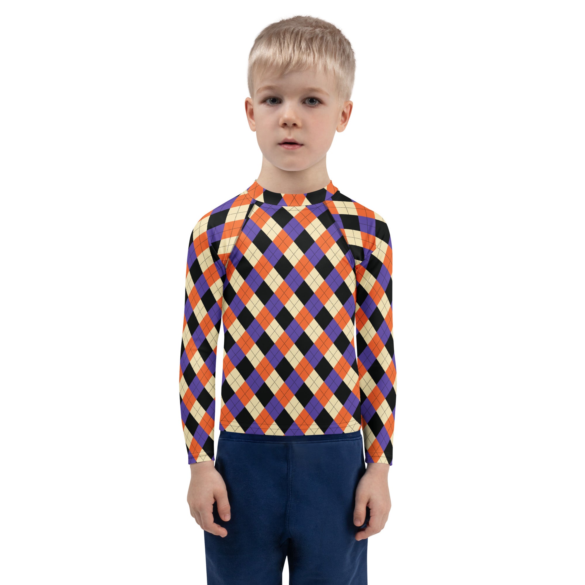Kids Halloween Argyle Long Sleeve Rash Guard Swim Shirt – Buttery Soft, Sun Safe UPF 50+ Protection, Quick Dry & 4-Way Stretch Comfort
