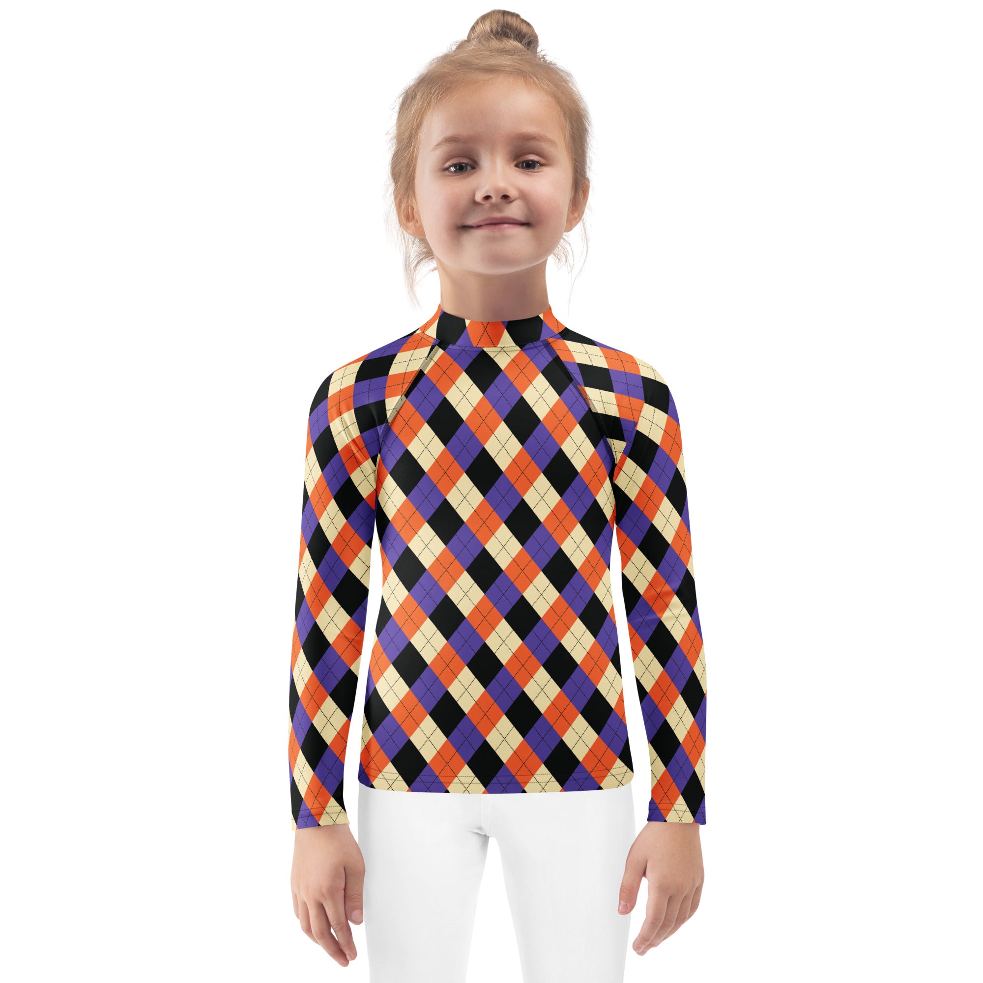 Kids Halloween Argyle Long Sleeve Rash Guard Swim Shirt – Buttery Soft, Sun Safe UPF 50+ Protection, Quick Dry & 4-Way Stretch Comfort