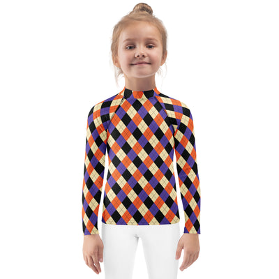 Kids Halloween Argyle Long Sleeve Rash Guard Swim Shirt – Buttery Soft, Sun Safe UPF 50+ Protection, Quick Dry & 4-Way Stretch Comfort