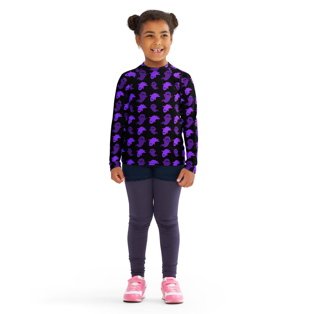 Girls Purple Ghost Long Sleeve Rash Guard Swim Shirt – Buttery Soft, Sun Safe UPF 50+ Protection, Quick Dry & 4-Way Stretch Comfort