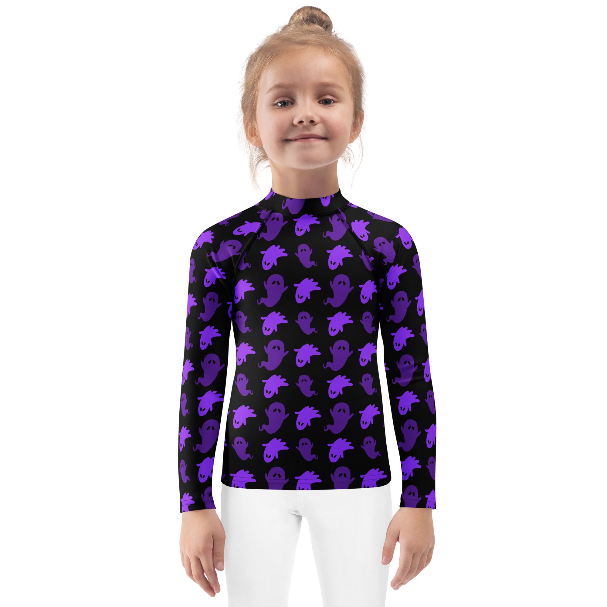 Girls Purple Ghost Long Sleeve Rash Guard Swim Shirt – Buttery Soft, Sun Safe UPF 50+ Protection, Quick Dry & 4-Way Stretch Comfort
